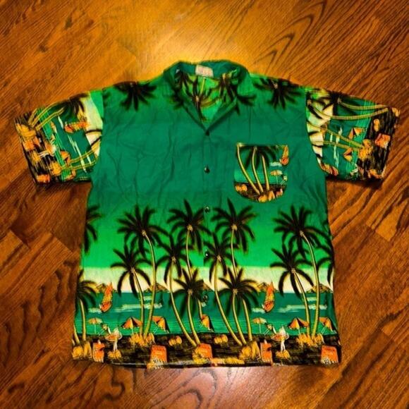 Fun Bright Green Vintage Fun-Wear Hawaiian Shirt Size XL 100% Rayon - Picture 1 of 4